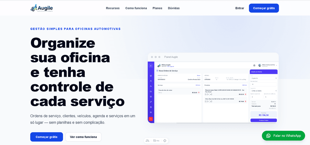 Interface ilustrativa da plataforma Augile para oficinas